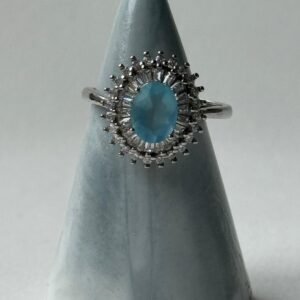 Anillo "Resplandor Glacial" – Topacio Sky Blue & Doble Halo Baguette en plata