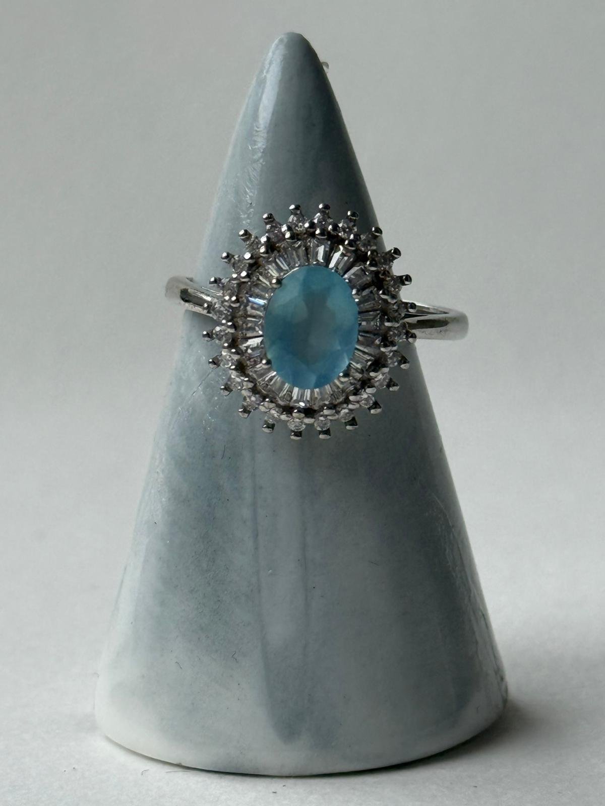 Anillo "Resplandor Glacial" – Topacio Sky Blue & Doble Halo Baguette en plata