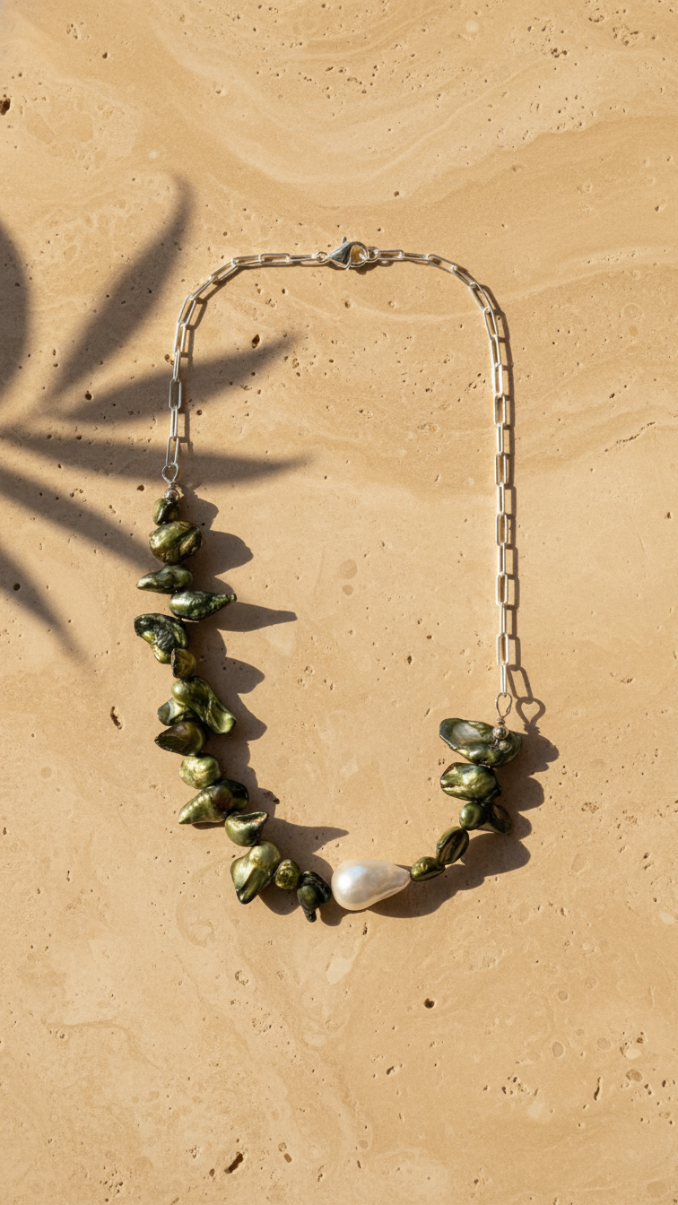 Collar Selva - Perlas de rio, nácar y acero