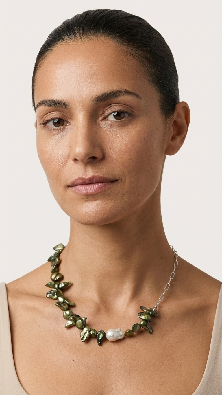 Collar Selva - Perlas de rio, nácar y acero - Imagen 3