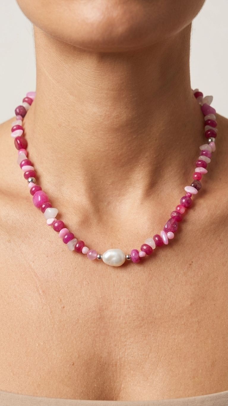 Collar Peonia - Perlas de rio, cuarzo rosa, ágatas y acero - Imagen 3