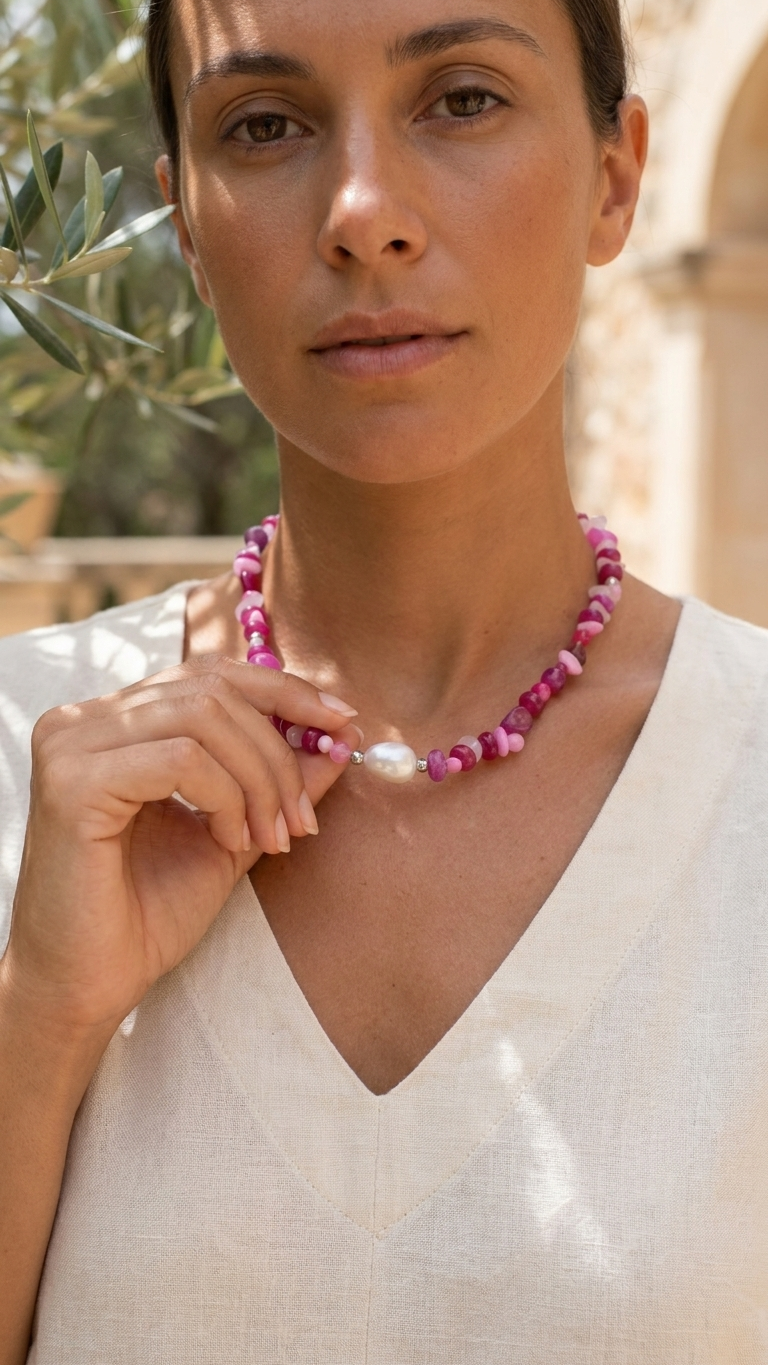 Collar Peonia - Perlas de rio, cuarzo rosa, ágatas y acero - Imagen 2