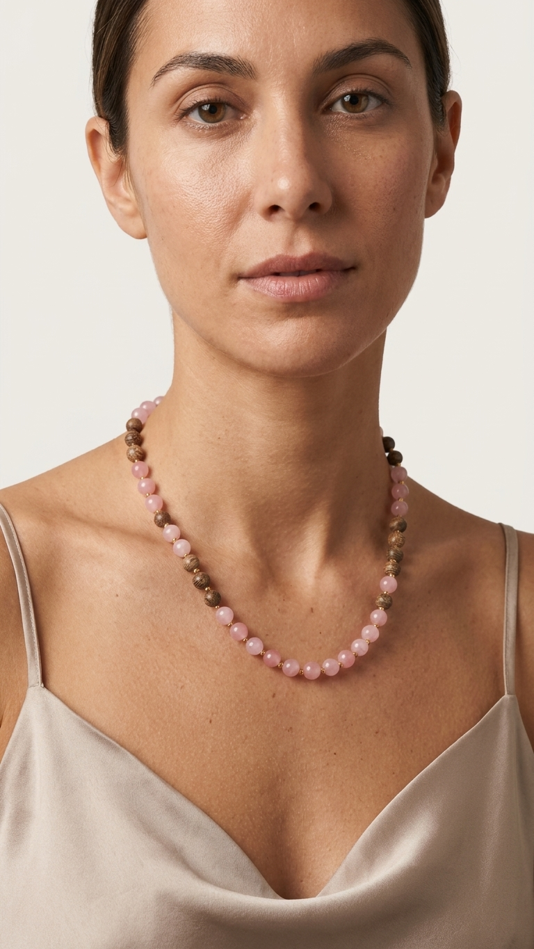 Collar Sakura - Mader de sándalo, cuarzo rosa, ágatas y acero - Imagen 3