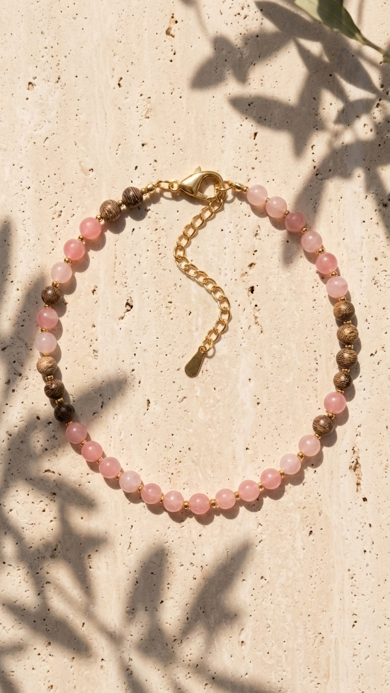 Collar Sakura - Mader de sándalo, cuarzo rosa, ágatas y acero