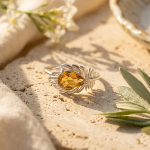 Anillo Pluma - Cuarzo citrino y plata 925