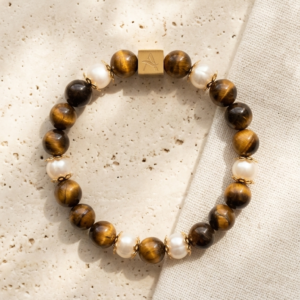 Pulsera Tigra - Ojo de tigre dorado y perla de río
