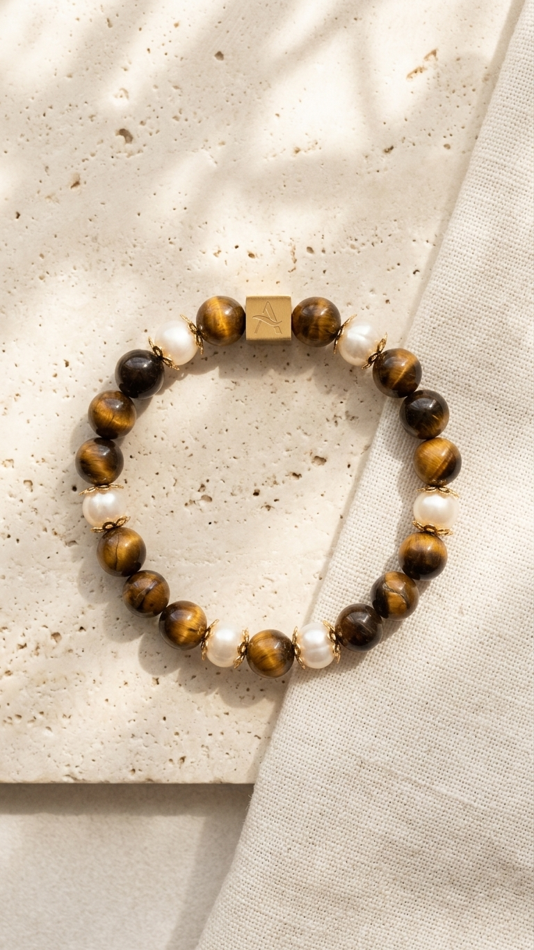 Pulsera Tigra - Ojo de tigre dorado y perla de río