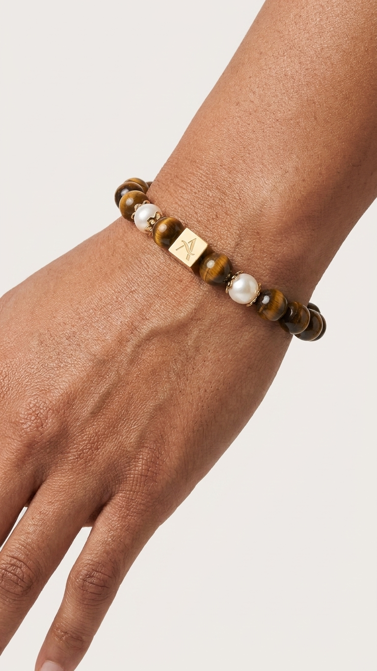 Pulsera Tigra - Ojo de tigre dorado y perla de río - Imagen 3
