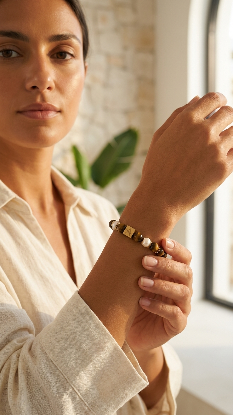 Pulsera Tigra - Ojo de tigre dorado y perla de río - Imagen 2