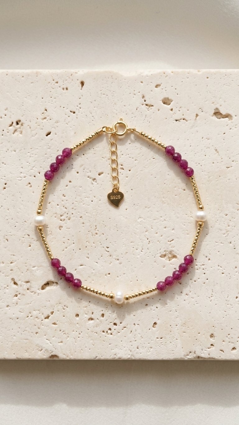 Pulsera Scarlett - Rubí, Perlas de río y plata 925 baño 14 k