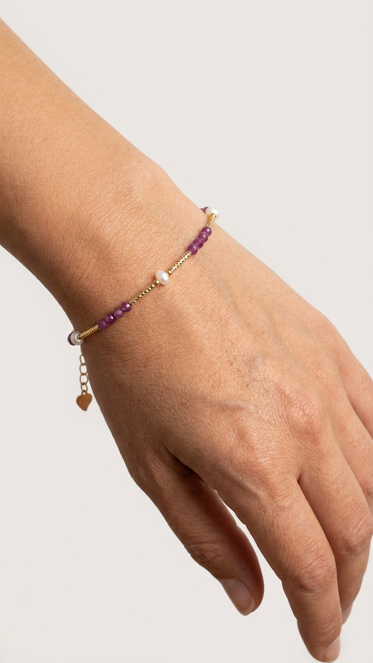 Pulsera Scarlett - Rubí, Perlas de río y plata 925 baño 14 k - Imagen 2