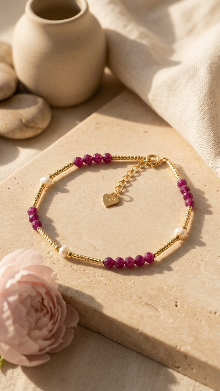Pulsera Scarlett - Rubí, Perlas de río y plata 925 baño 14 k - Imagen 4